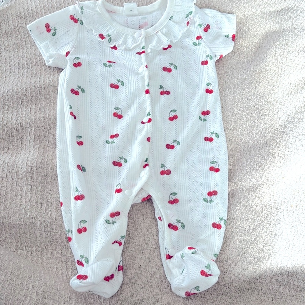 Baby Cherry Print Ruffle Trim Footed Sleep Jumpsuit